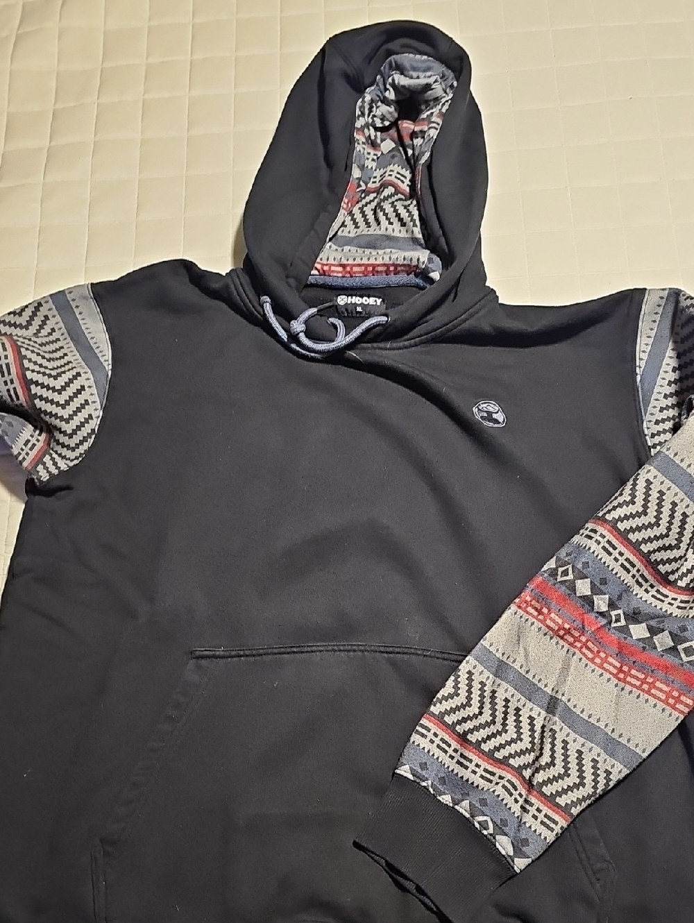 Hooey Black Hoodie with Patterned Grey & Red Accent Sleeves